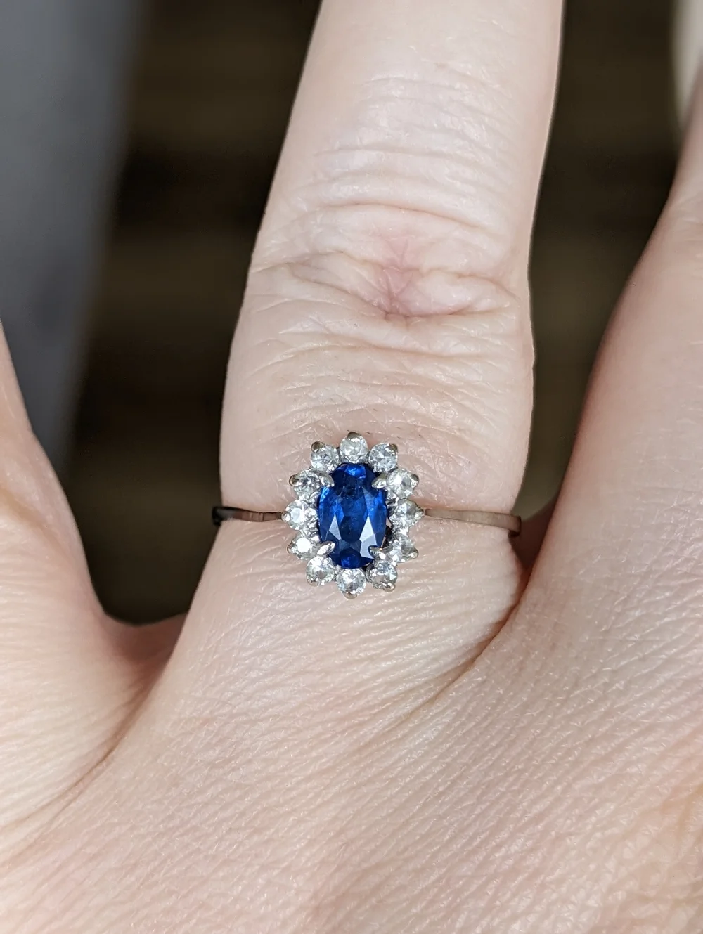 18K White Gold Blue Sapphire Ring With White Sapphire Halo - Picture 4 of 16